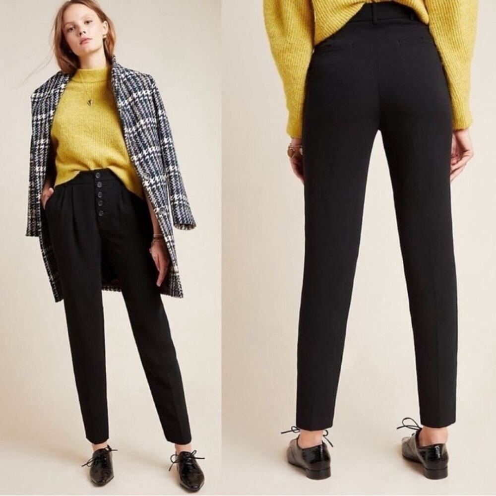 Anthropologie Black Pleated High Rise Button Fly Ankle Crop Trousers Dress Pants